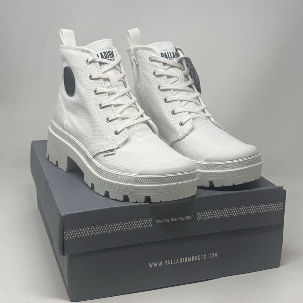 Palladium Pallabase Twill Boots Womens 9 Star White Side Zip Lace Up Platform